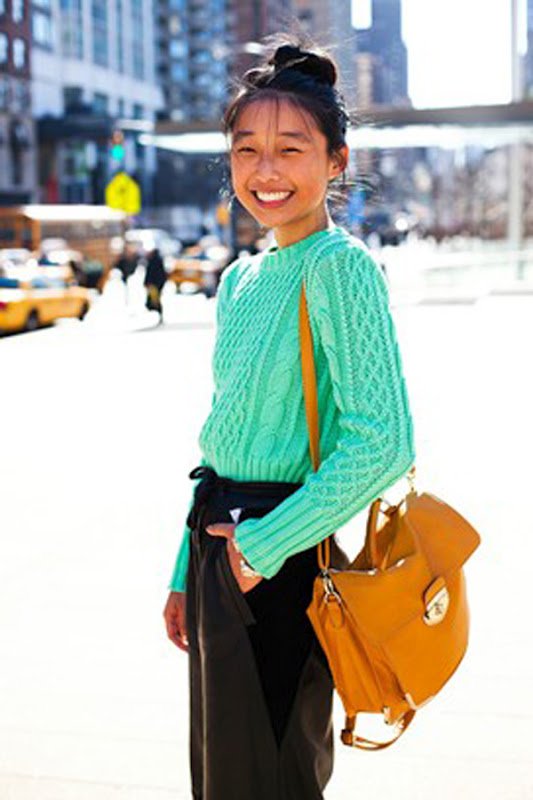 streetstyle05_v_10Feb12_candicelake new york fashion week- neon mint melon green cable knit sweater- yellow  bag